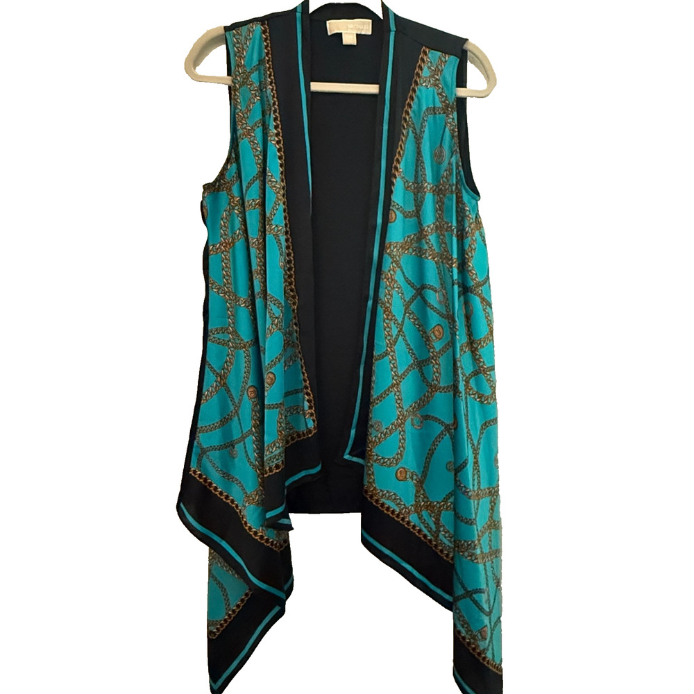 Michael Kors Chain Print Open Front Sleeveless Drape Vest Blue Black Size S/M